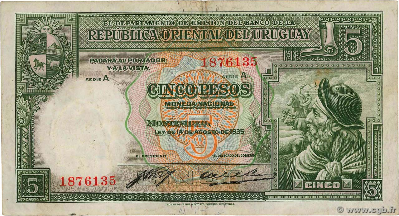 5 Pesos URUGUAY  1935 P.029a TTB