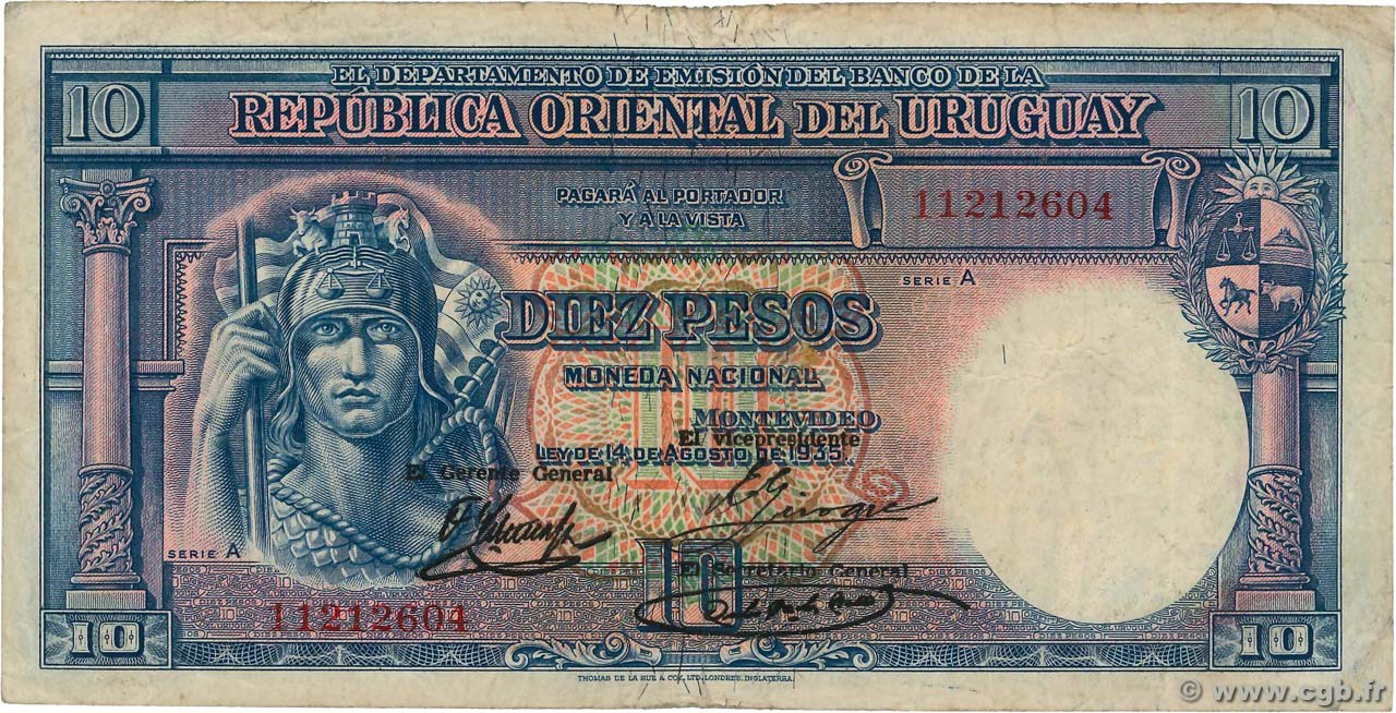 10 Pesos URUGUAY  1935 P.030b TTB