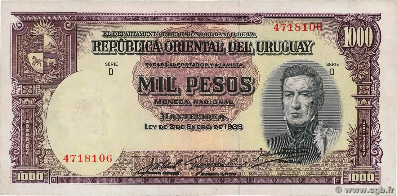 1000 Pesos URUGUAY  1939 P.041c q.SPL