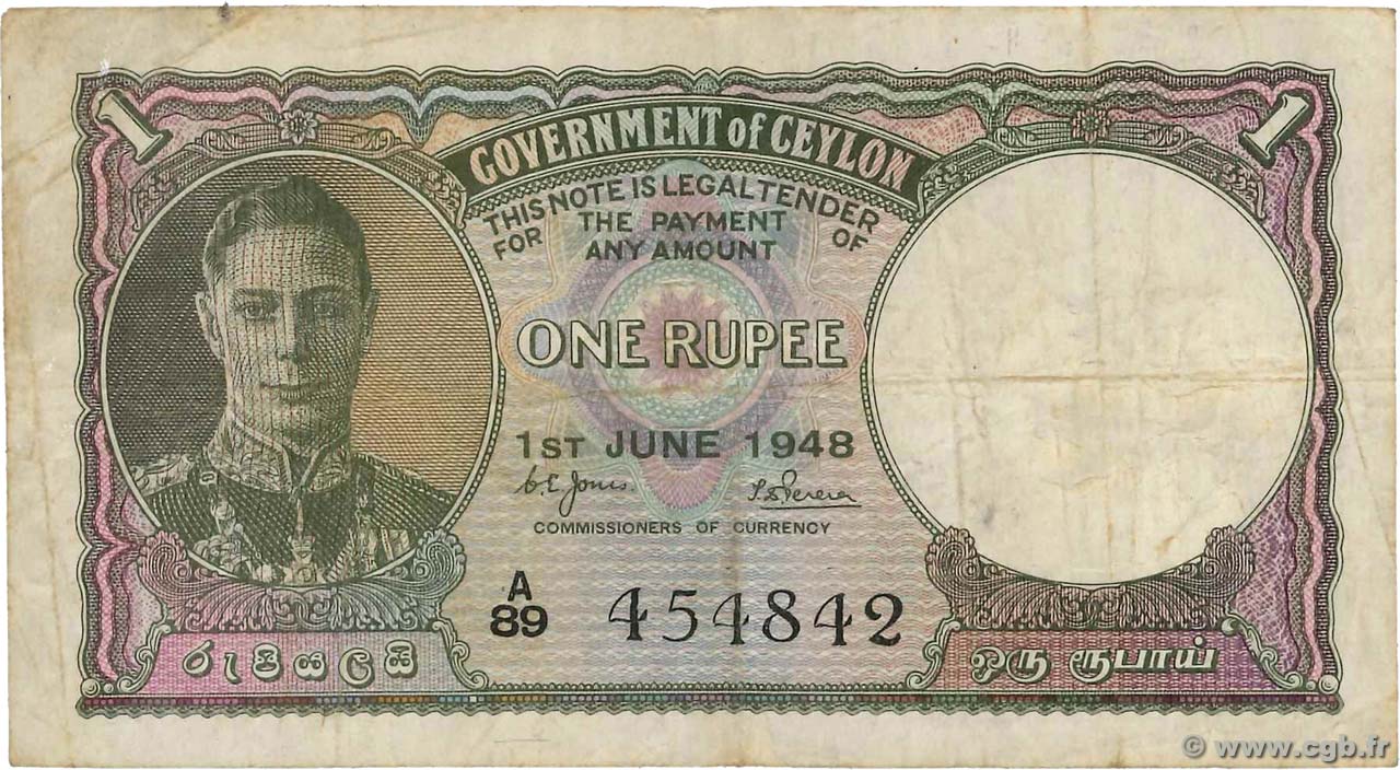 1 Rupee CEYLON  1948 P.034 MB