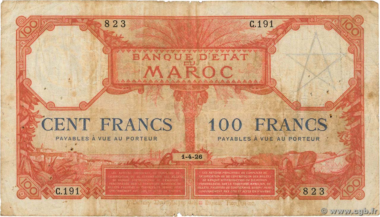 100 Francs MAROKKO  1926 P.14 fS