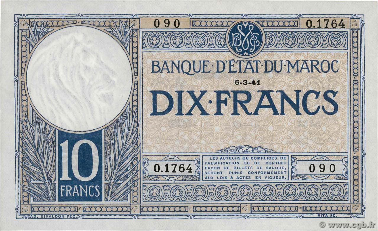 10 Francs MOROCCO  1941 P.17b AU-