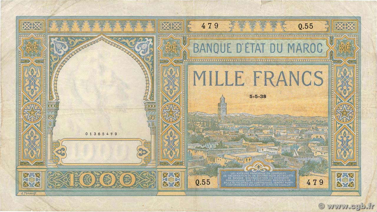 1000 Francs MAROC  1938 P.16c TB