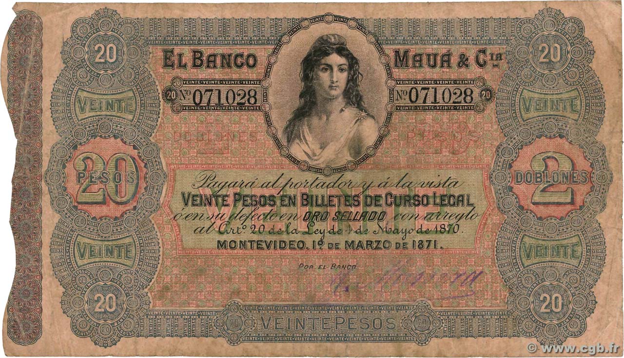 20 Pesos URUGUAY  1871 PS.292 F