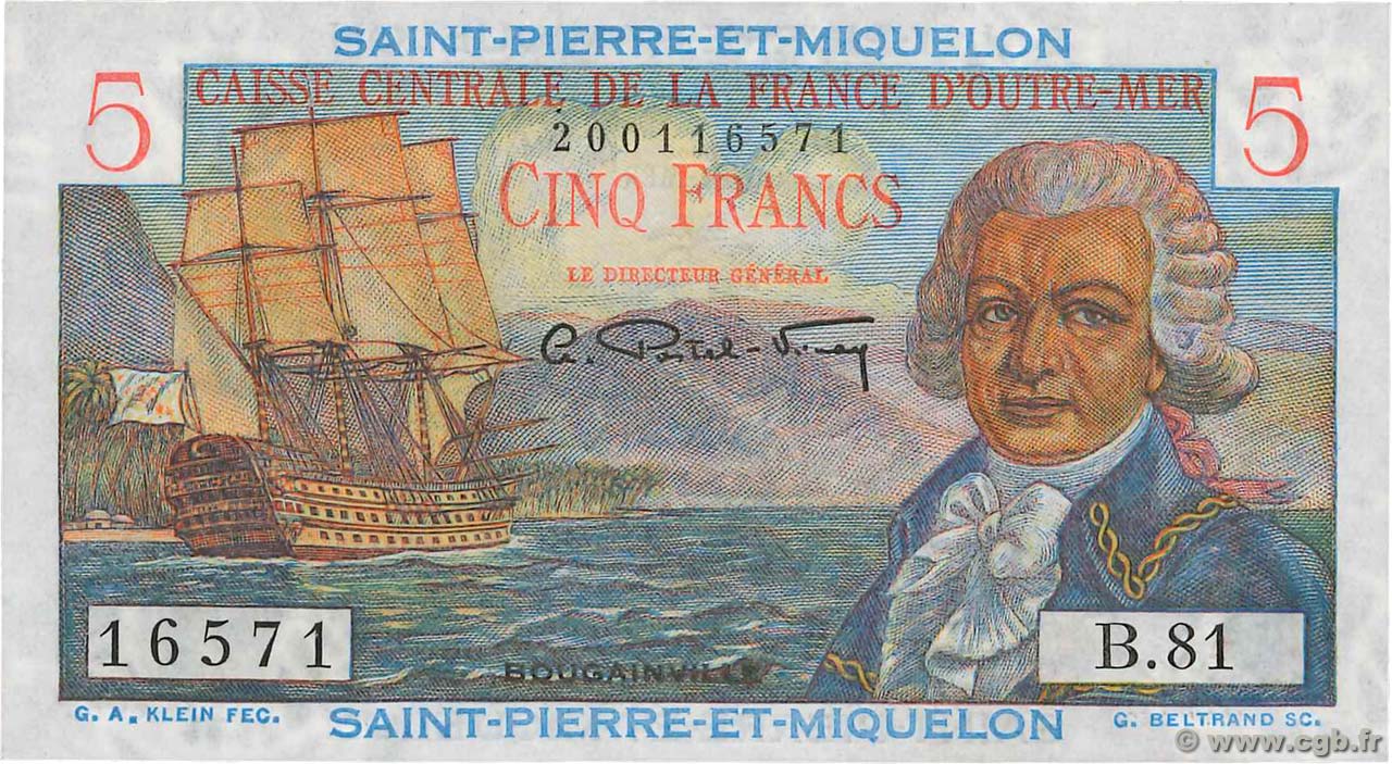 5 Francs Bougainville SAINT PIERRE AND MIQUELON  1946 P.22 AU+