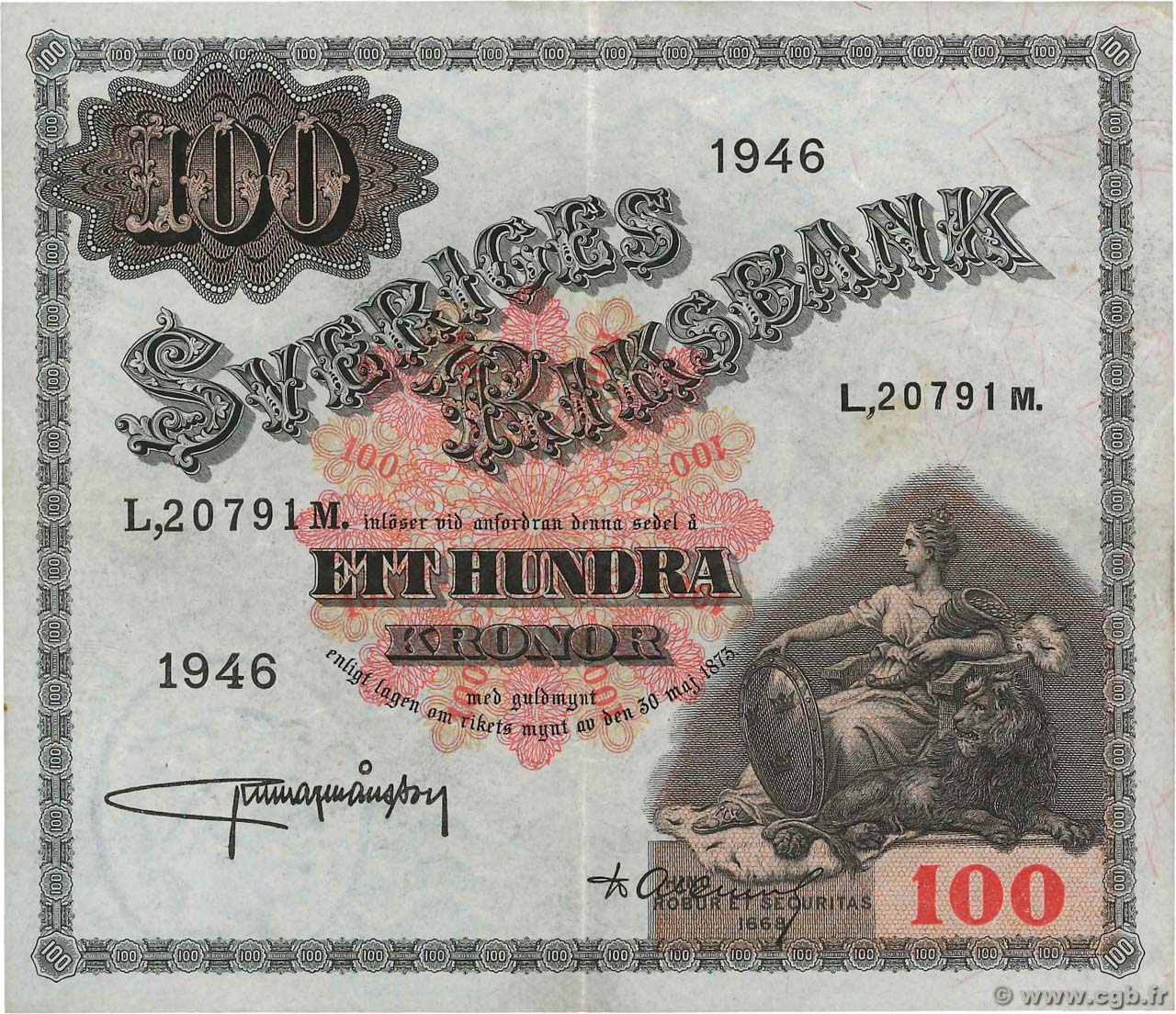 100 Kronor SUÈDE  1946 P.36ab TTB