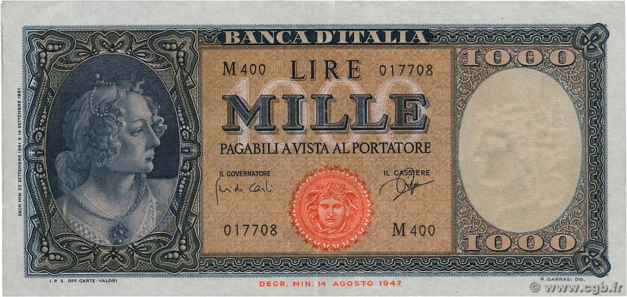 1000 Lire ITALIE  1961 P.088d TTB+