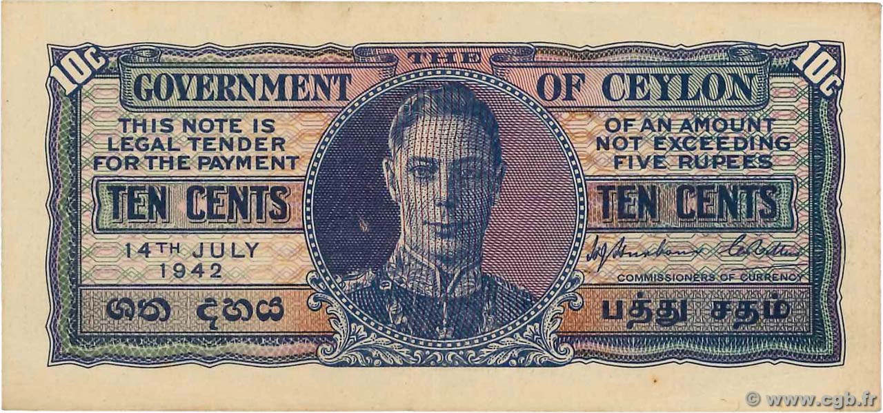10 Cents CEYLON  1942 P.43a SS