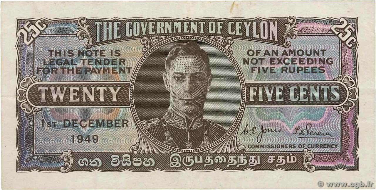 25 Cents CEYLON  1949 P.044b VF