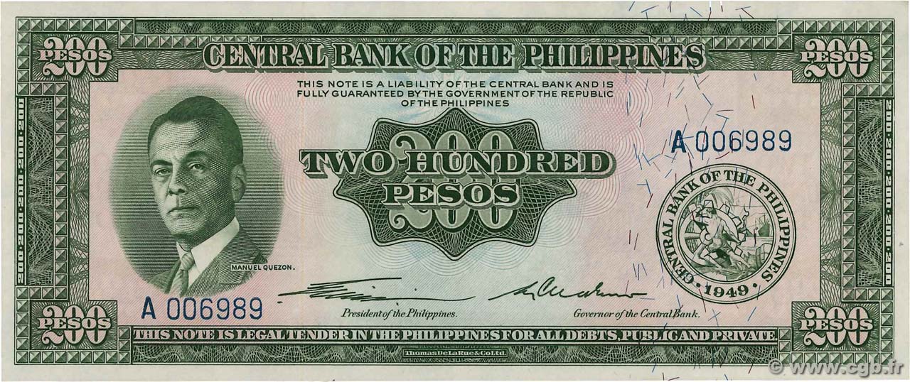 200 Pesos FILIPPINE  1949 P.140a FDC