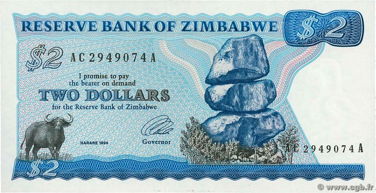 2 Dollars ZIMBABWE  1994 P.01c UNC