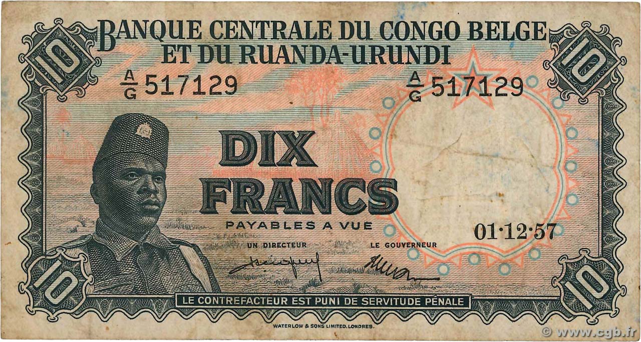 10 Francs BELGIAN CONGO  1957 P.30b F