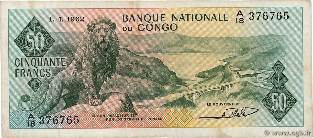 50 Francs REPúBLICA DEMOCRáTICA DEL CONGO  1962 P.005a MBC