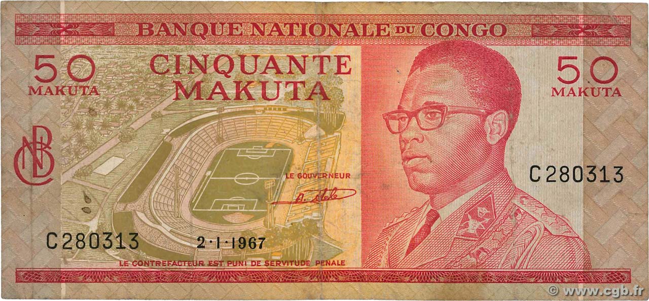 50 Makuta REPúBLICA DEMOCRáTICA DEL CONGO  1967 P.011a BC