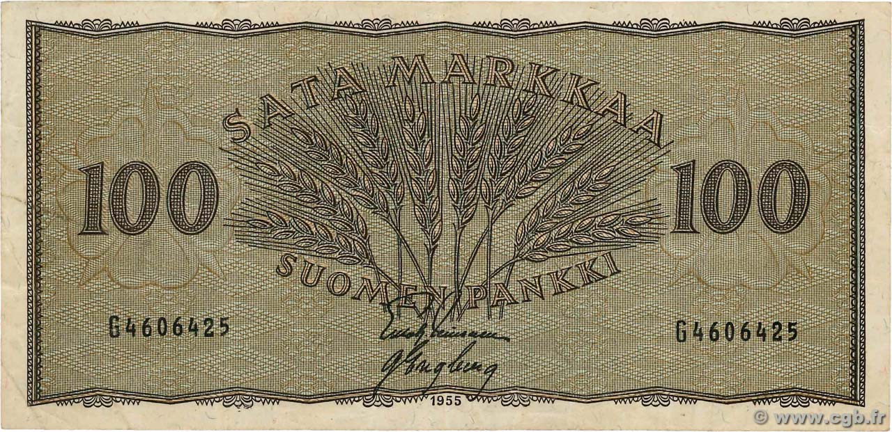 100 Markkaa FINLAND  1955 P.091a VF