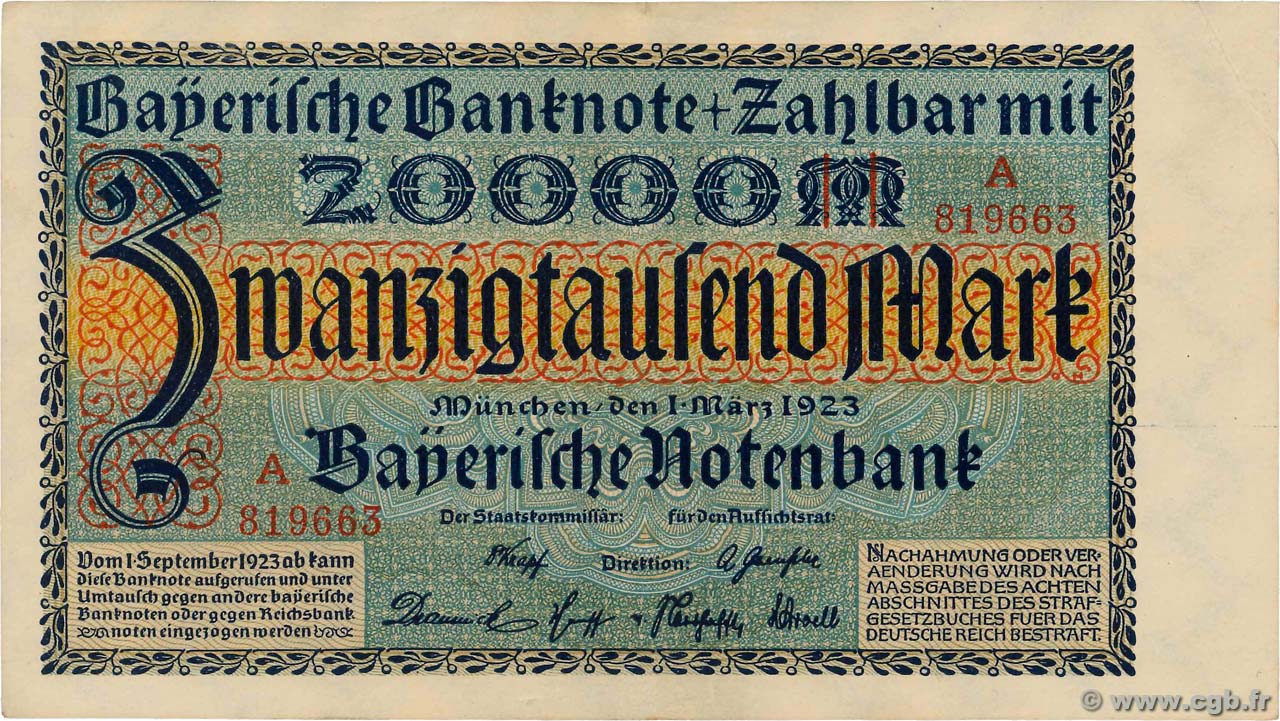 20000 Mark GERMANY Munich 1923 PS.0926 VF+