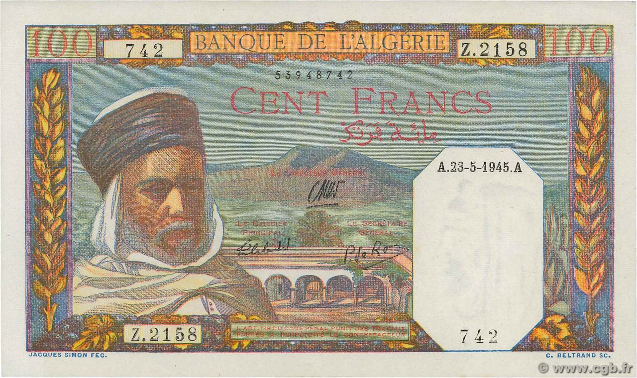 100 Francs ALGÉRIE  1945 P.085 SPL+