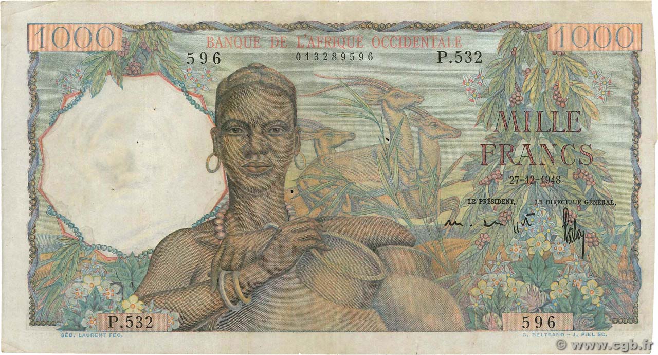 1000 Francs FRENCH WEST AFRICA  1948 P.42 F+