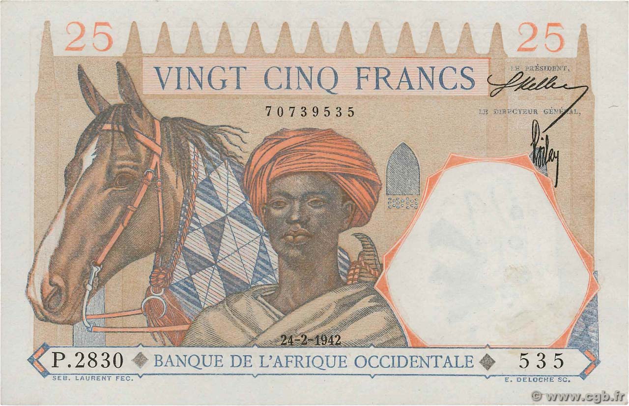 25 Francs FRENCH WEST AFRICA  1942 P.27 AU-