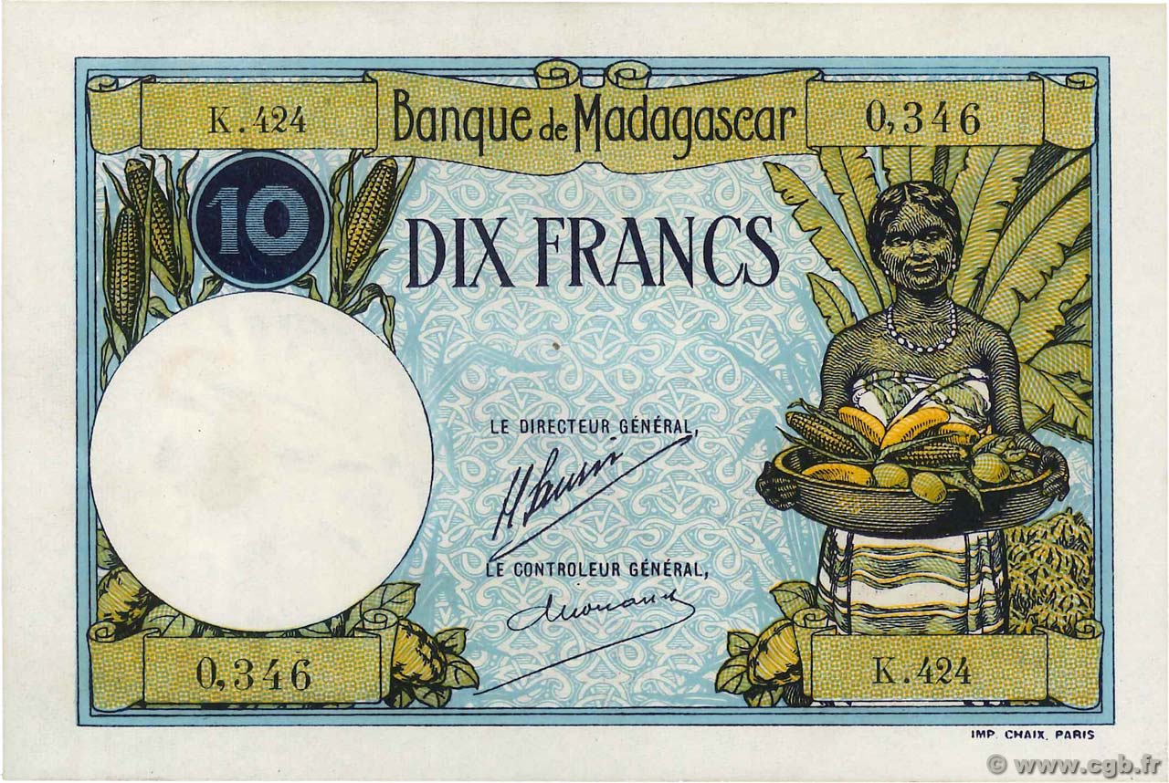10 Francs MADAGASCAR  1926 P.036 UNC-