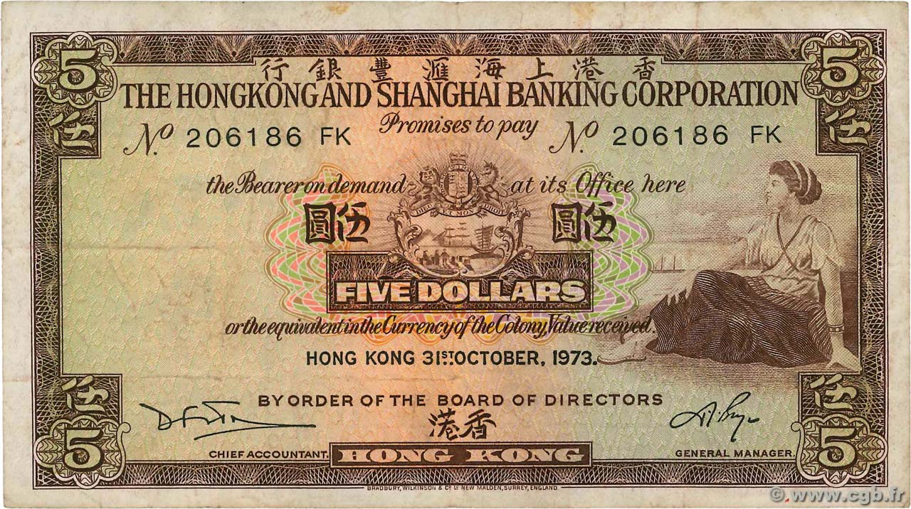 5 Dollars HONG KONG  1973 P.181f TB+