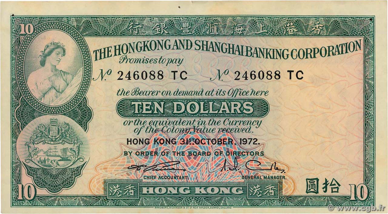 10 Dollars HONGKONG  1972 P.182g fVZ