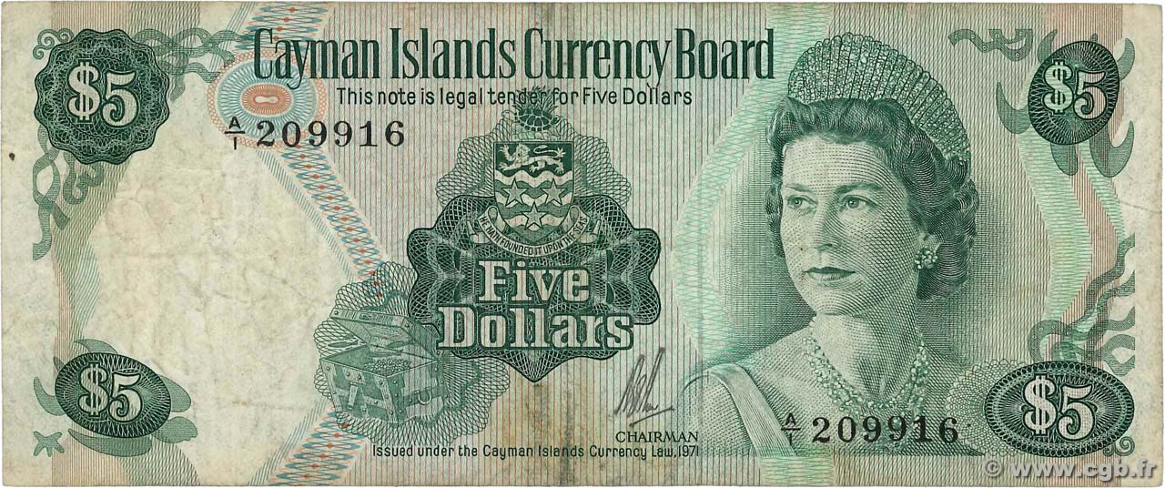 5 Dollars ISOLE CAYMAN  1972 P.02a MB