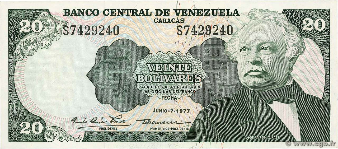 20 Bolivares VENEZUELA  1977 P.053b UNC
