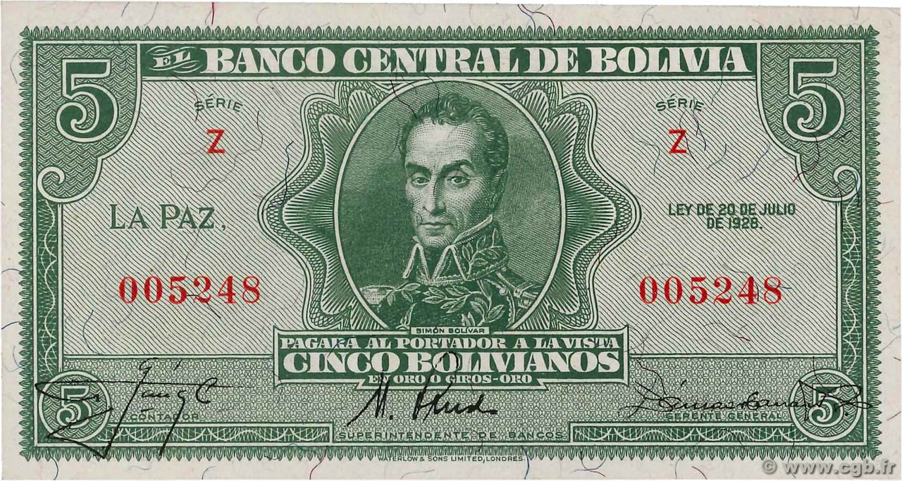 5 Bolivianos BOLIVIA  1928 P.129 FDC
