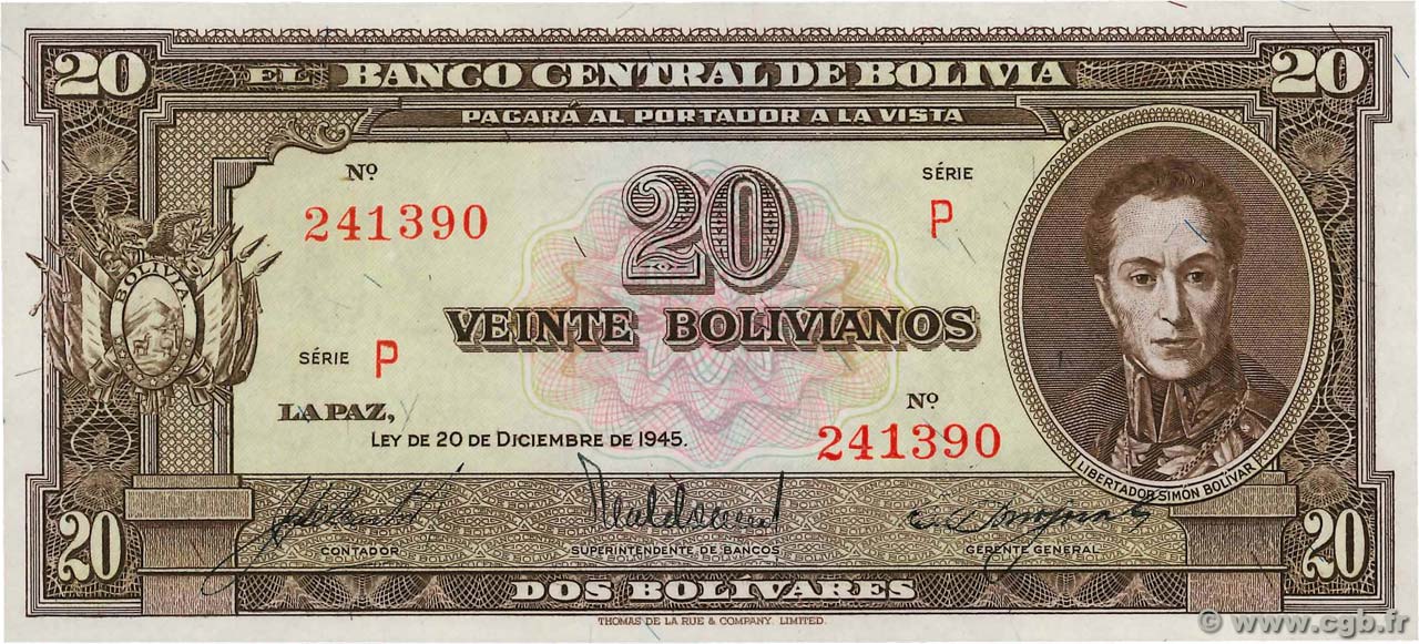 20 Bolivianos BOLIVIA  1945 P.140a FDC