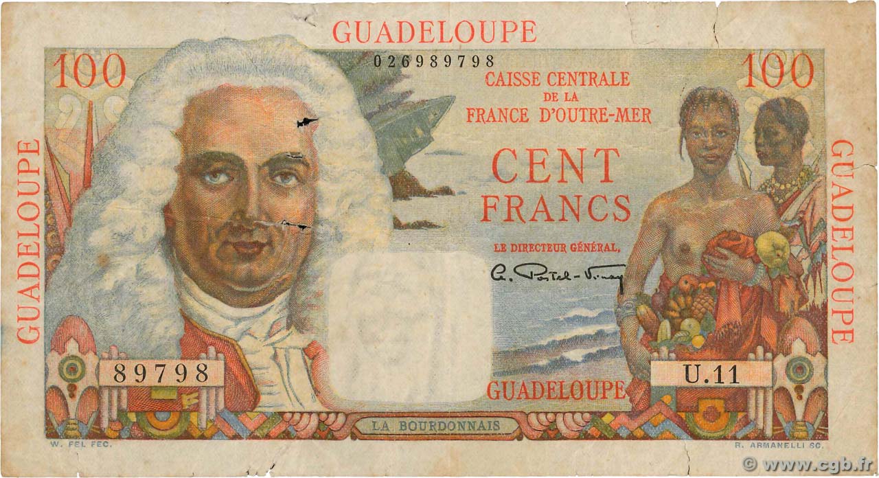 100 Francs La Bourdonnais GUADELOUPE  1946 P.35 B+