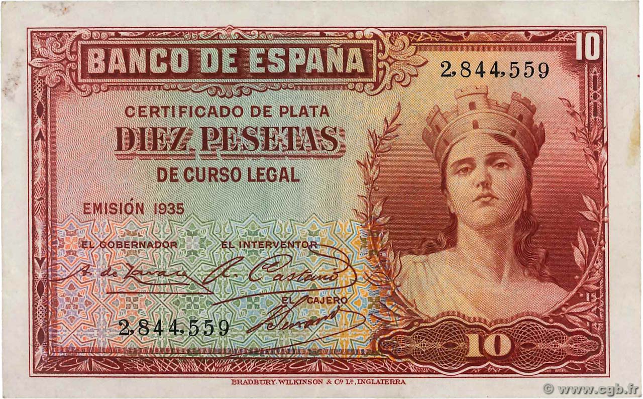 10 Pesetas ESPAÑA  1935 P.086a EBC