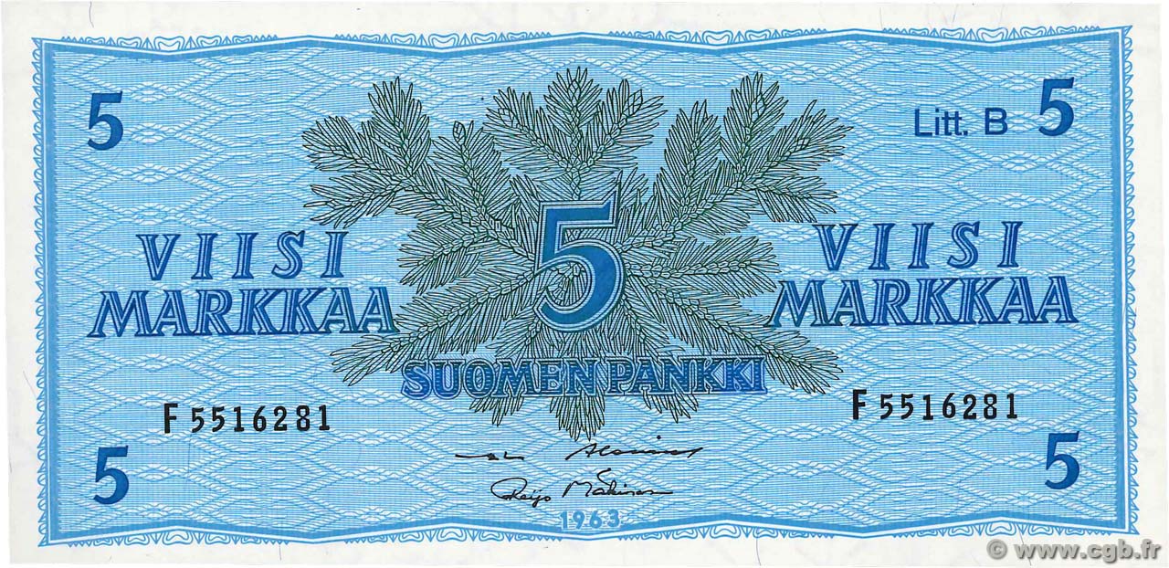 5 Markkaa FINLAND  1963 P.106Aa UNC-