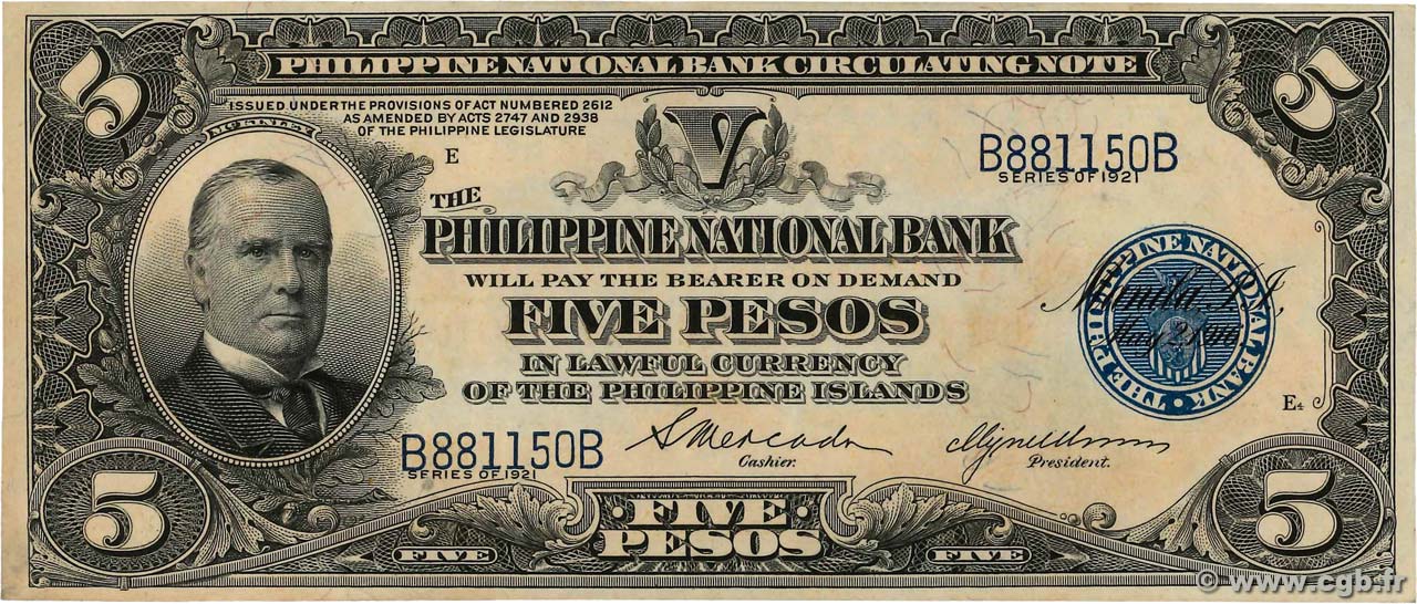5 Pesos PHILIPPINES  1921 P.053 UNC-