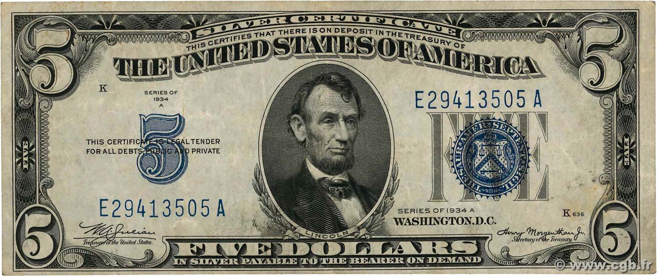 5 Dollars STATI UNITI D AMERICA  1934 P.414Aa BB