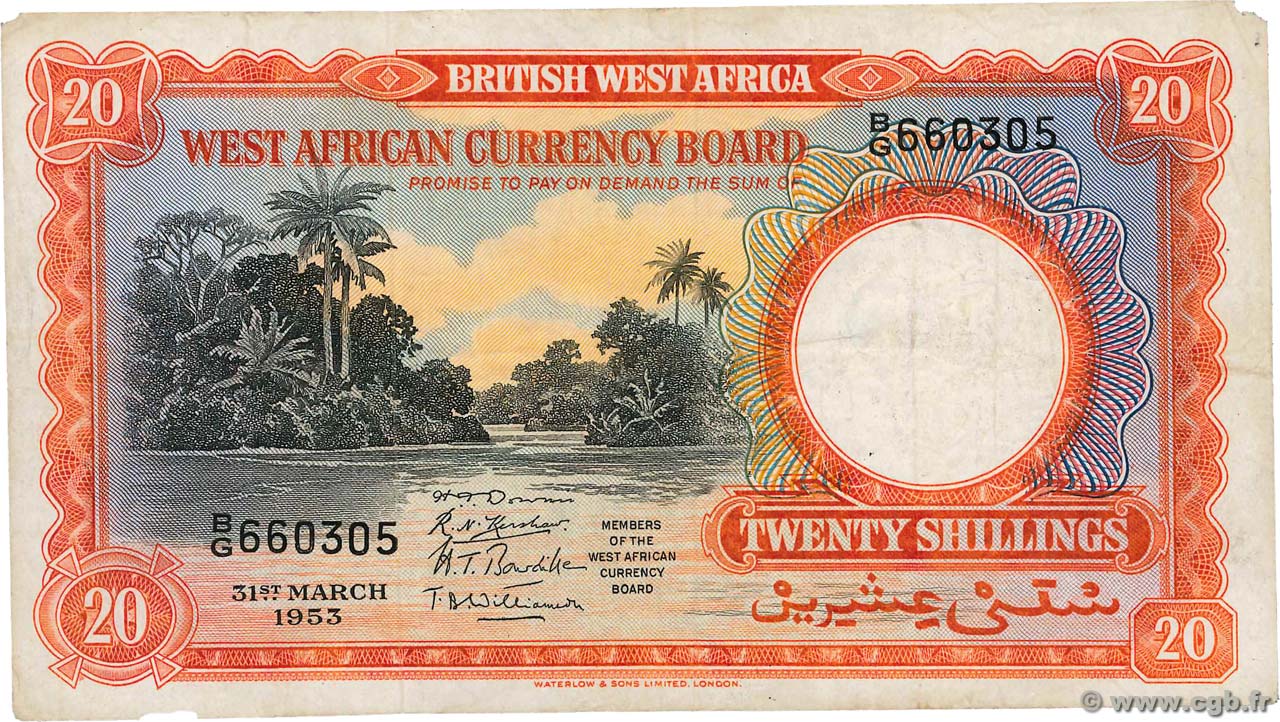 20 Shillings AFRICA DI L OVEST BRITANNICA  1953 P.10a BB