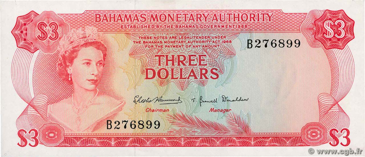 3 Dollars BAHAMAS  1968 P.28a q.FDC