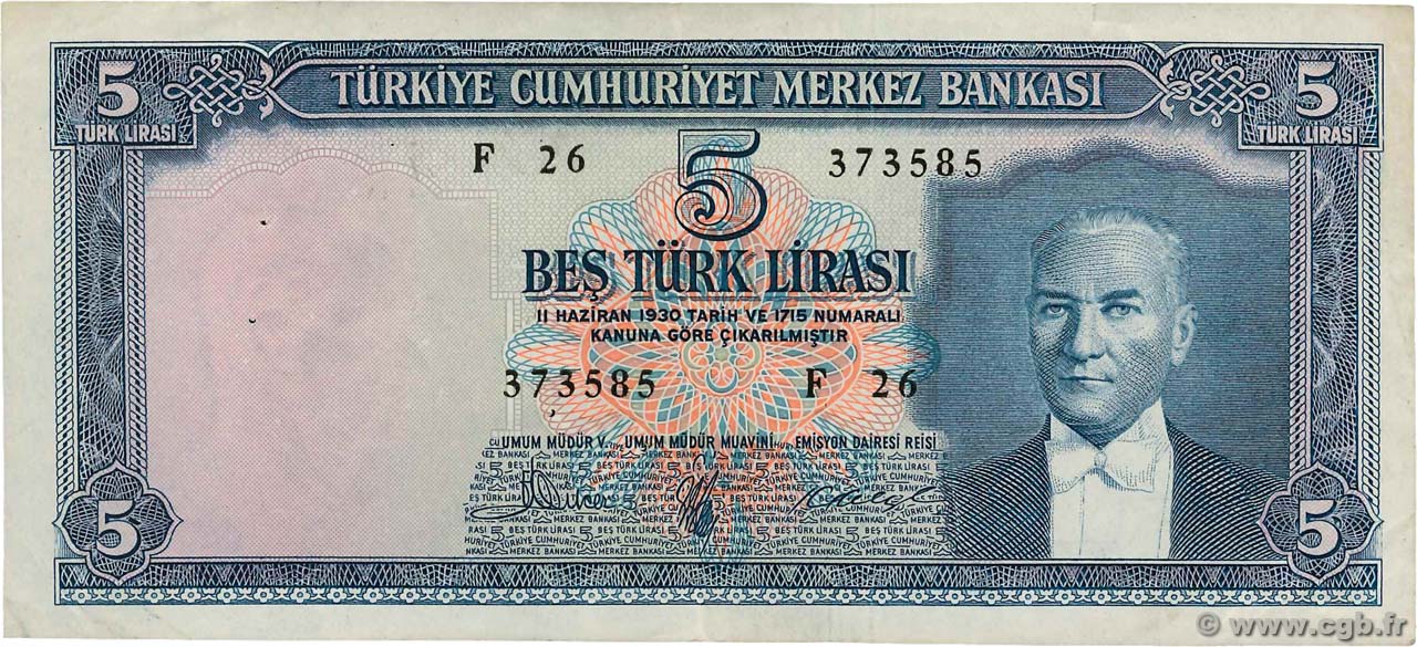 5 Lira TURKEY  1961 P.173 F