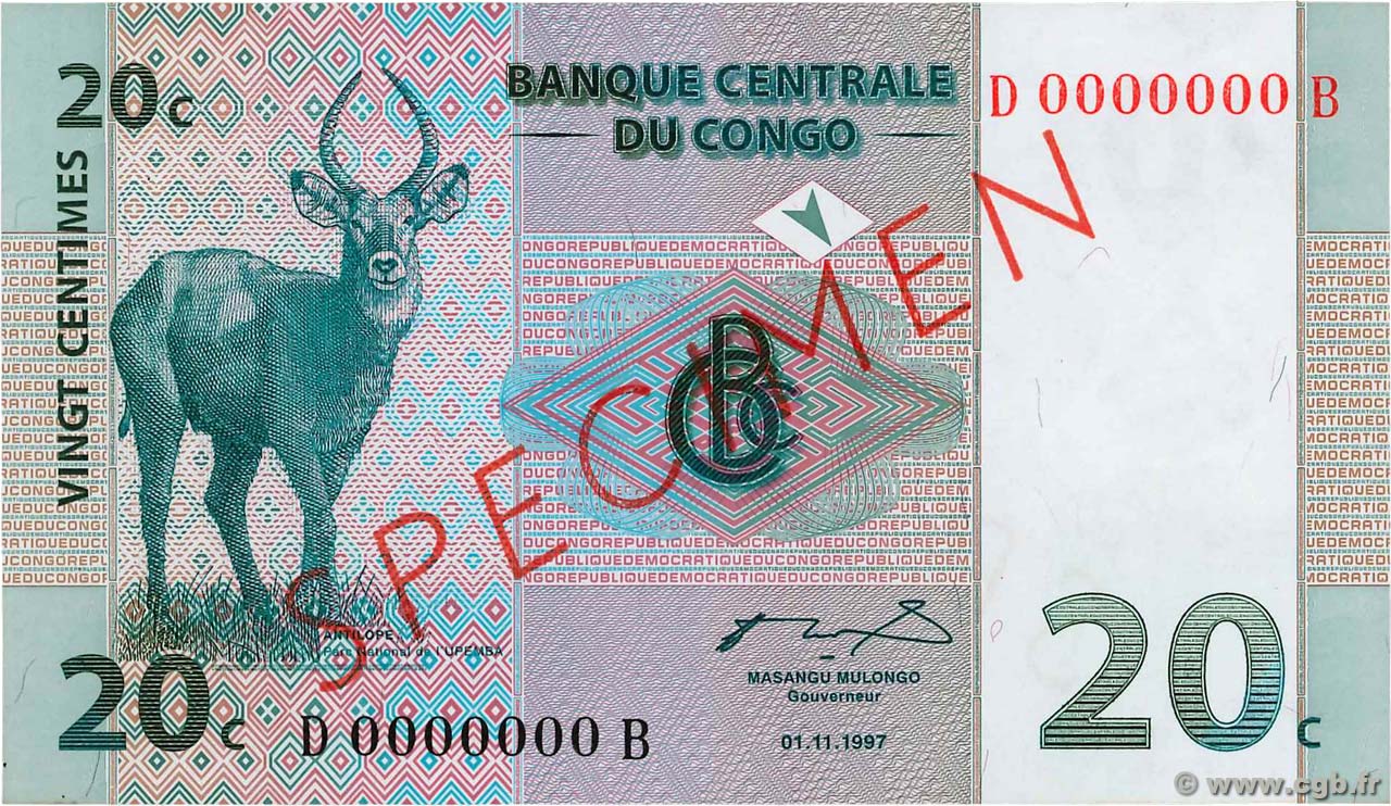 20 Centimes Spécimen REPUBBLICA DEMOCRATICA DEL CONGO  1997 P.083s FDC