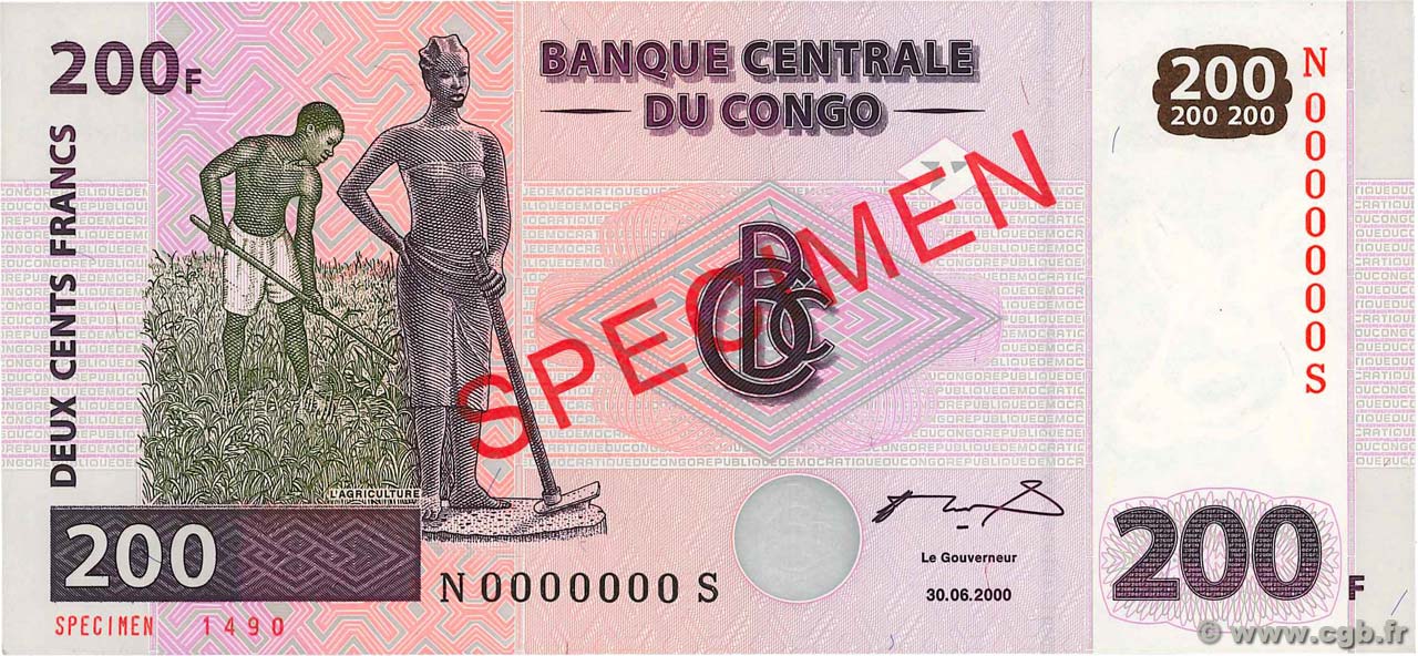200 Francs Spécimen RÉPUBLIQUE DÉMOCRATIQUE DU CONGO  2000 P.095s NEUF