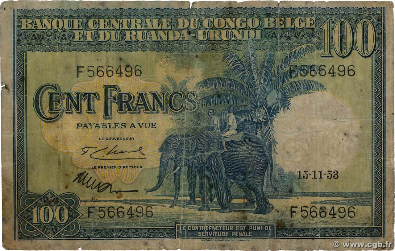 100 Francs BELGIAN CONGO  1953 P.25a G