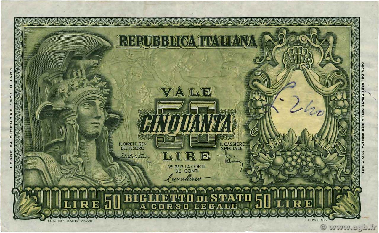 50 Lire ITALIA  1951 P.091b BB