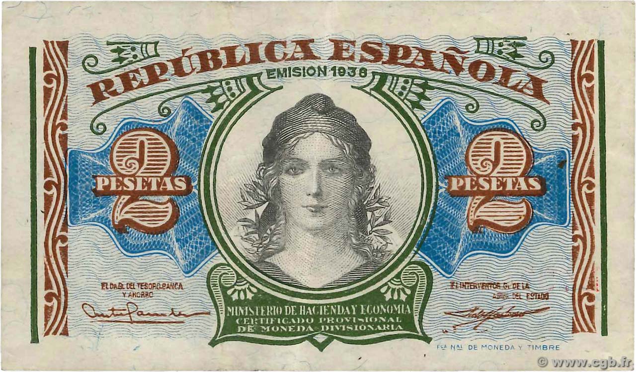 2 Pesetas ESPAÑA  1938 P.095 MBC