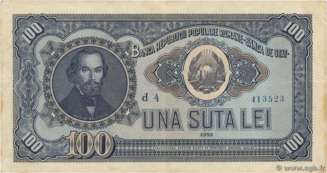 100 Lei ROMANIA  1952 P.090b BB
