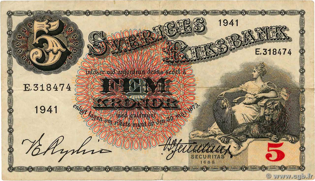 5 Kronor SWEDEN  1941 P.33x VF