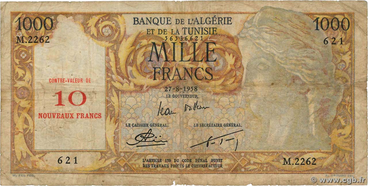 10 NF sur 1000 Francs ALGERIA  1958 P.112 q.MB
