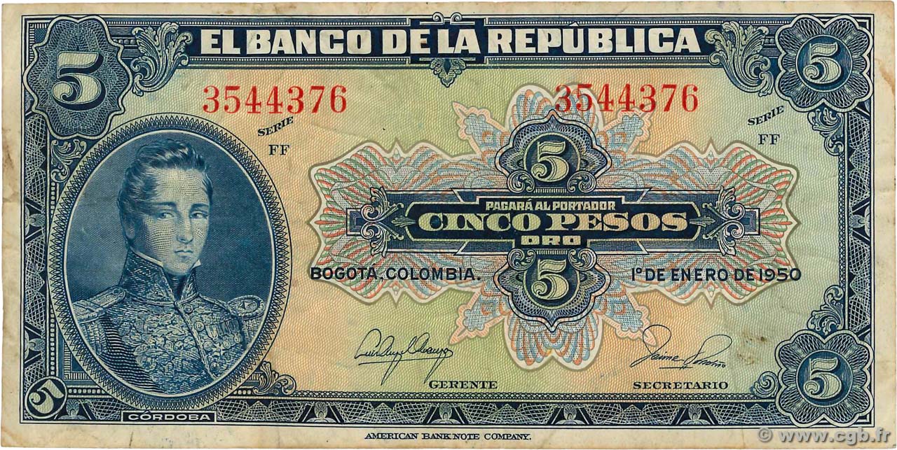5 Pesos Oro COLOMBIE  1950 P.386e TB