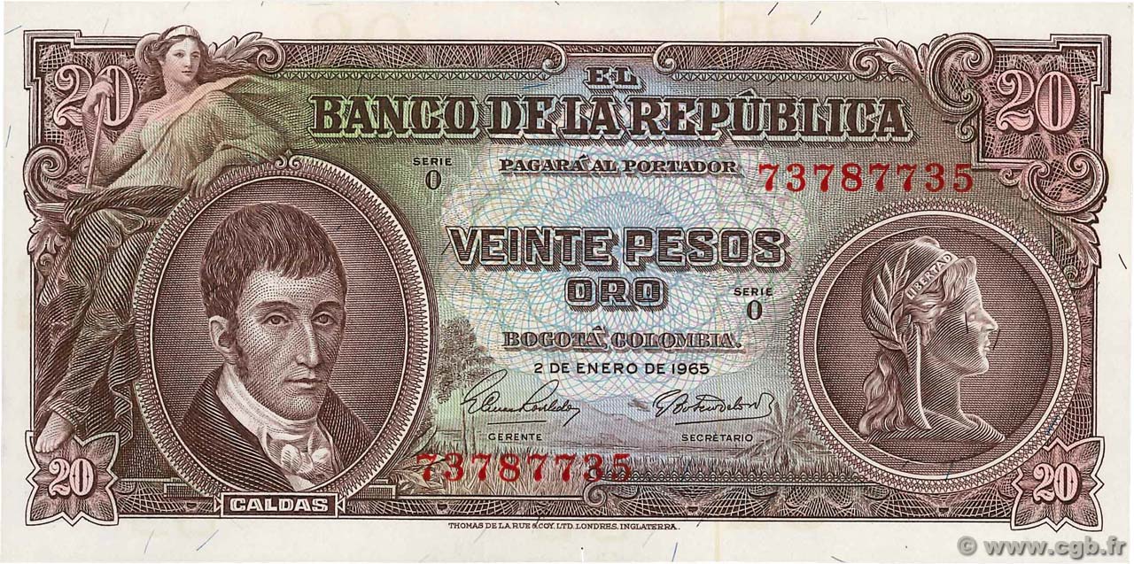 20 Pesos Oro COLOMBIE  1965 P.401c NEUF