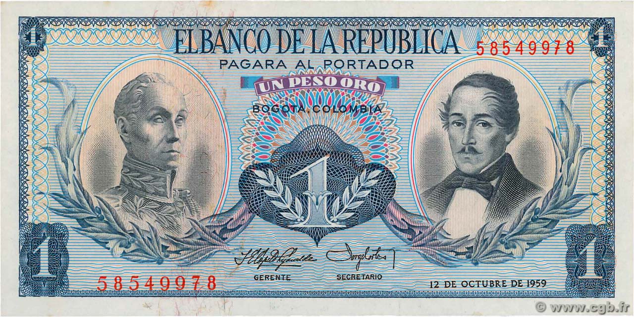 1 Peso Oro COLOMBIE  1959 P.404a pr.NEUF