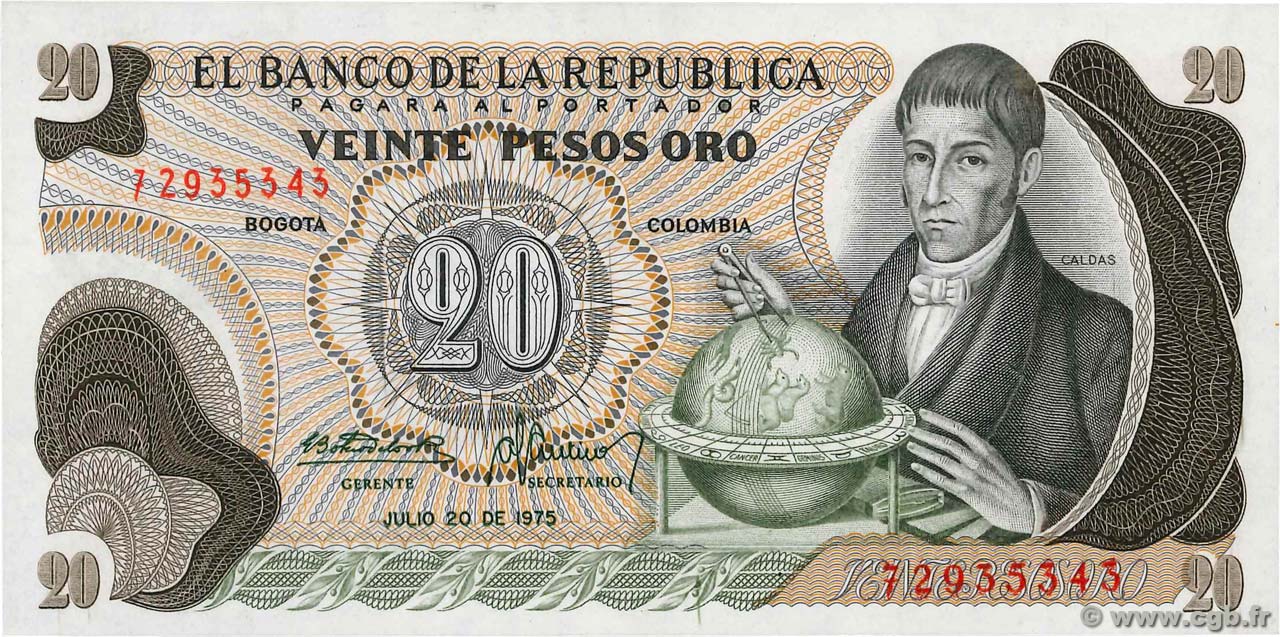 20 Pesos Oro COLOMBIA  1975 P.409c FDC